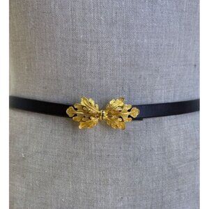 Vintage Black Faux Leather Belt With Gold-Tone Leaf Buckle